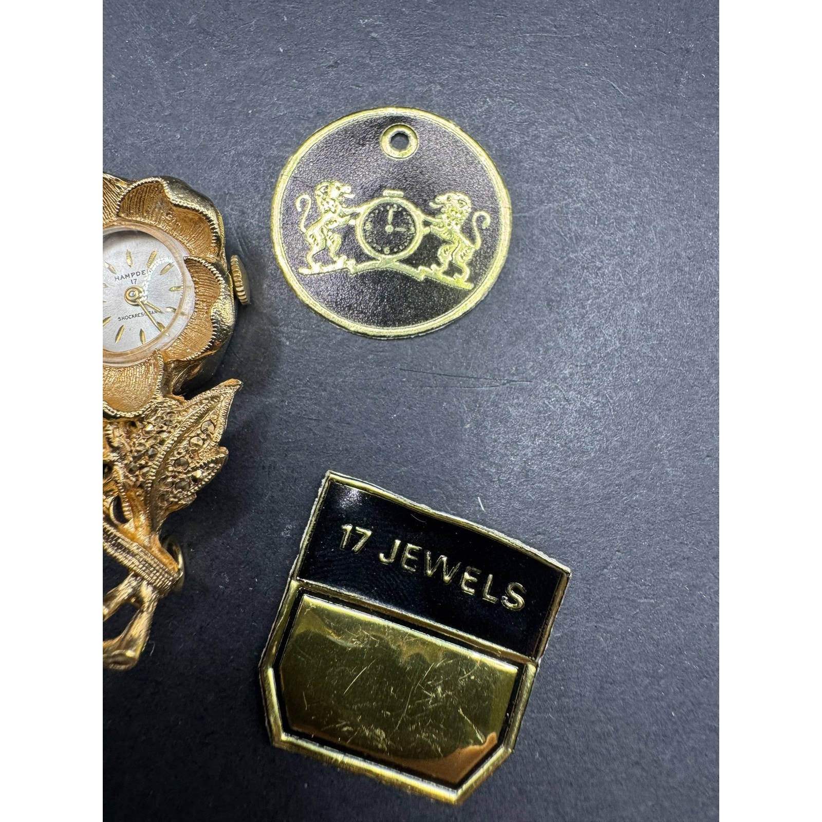 Vintage Hampden 17 Jewels Gold Tone Flower Lapel Watch Pendant Pin Brooch — image 4 of 8